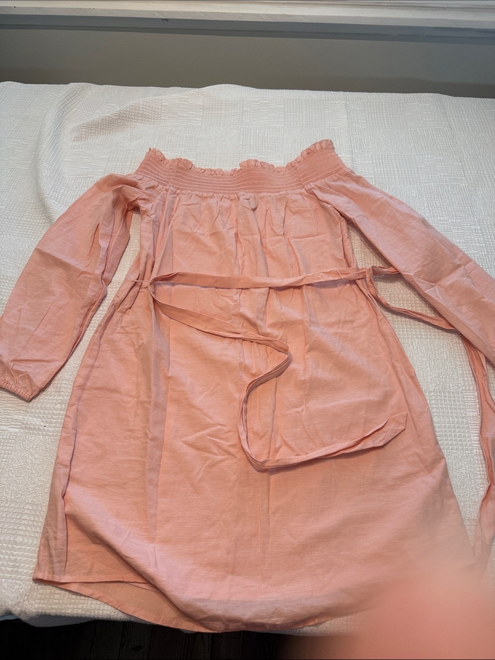 Express Women’s Peach Off-Shoulder Midi Dress with Tie Waist